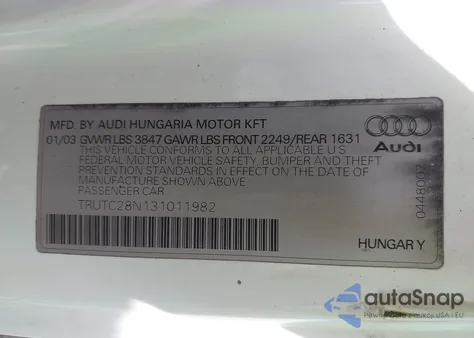 2003 Audi Tt 1.8L из США, поврежденный, VIN TRUTC28N131011982